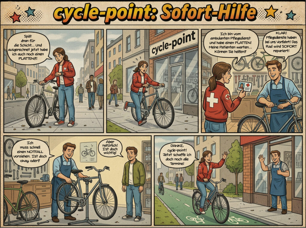 cycle-point: Sofort-Hilfe! Ein cycle-point Comic der zeigt, wie wir Mitarbeitenden im ambulanten Pflegedienst schnell helfen.
