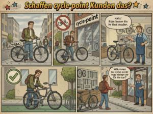 Bitte ohne Fahrrad hereinkommen.